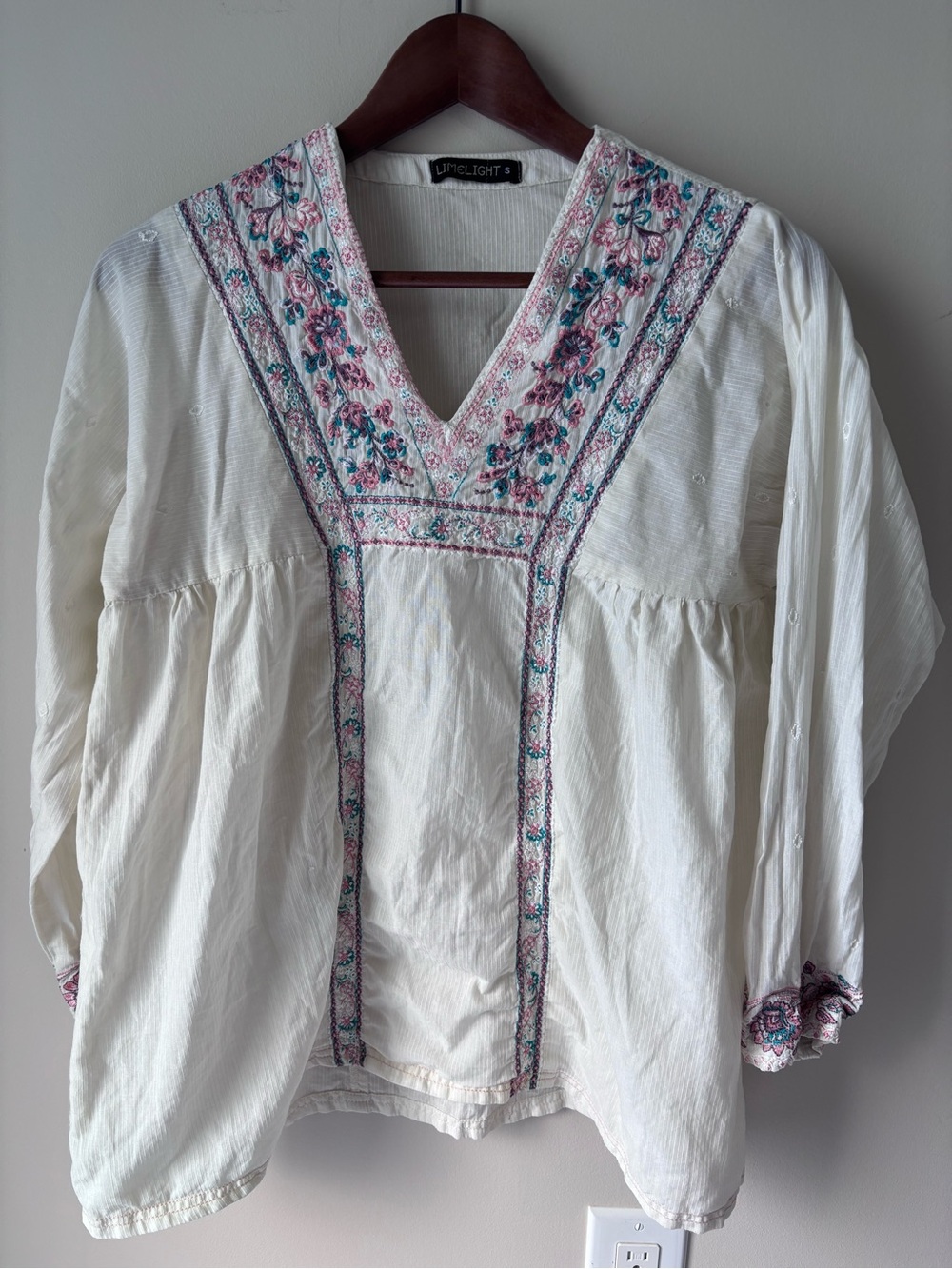 Limelight Ivory Embroidered V-Neck Tunic with Pink & Teal Floral Trim